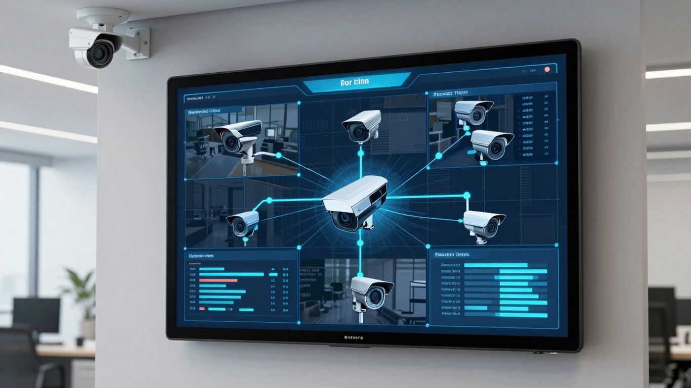 Modern office security cameras and digital interface.