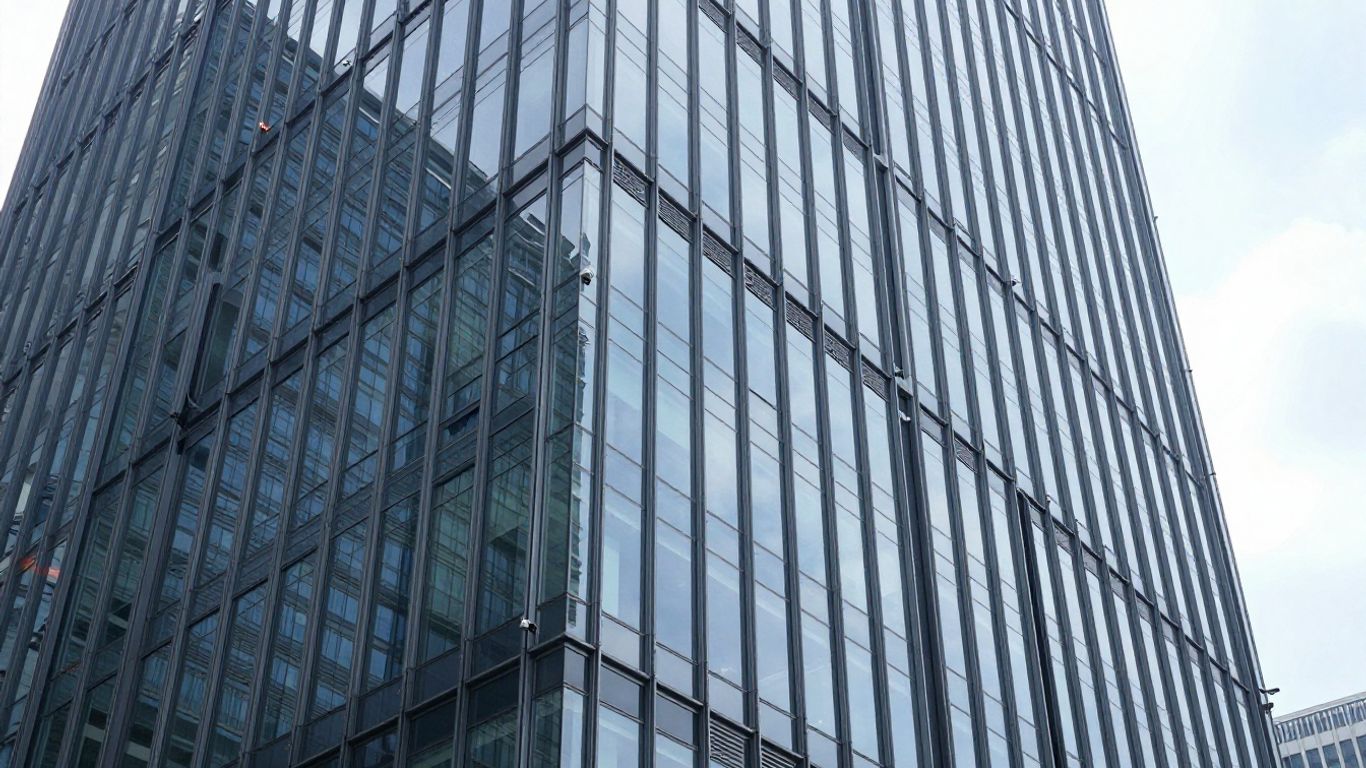 Modern office building with integrated security cameras.