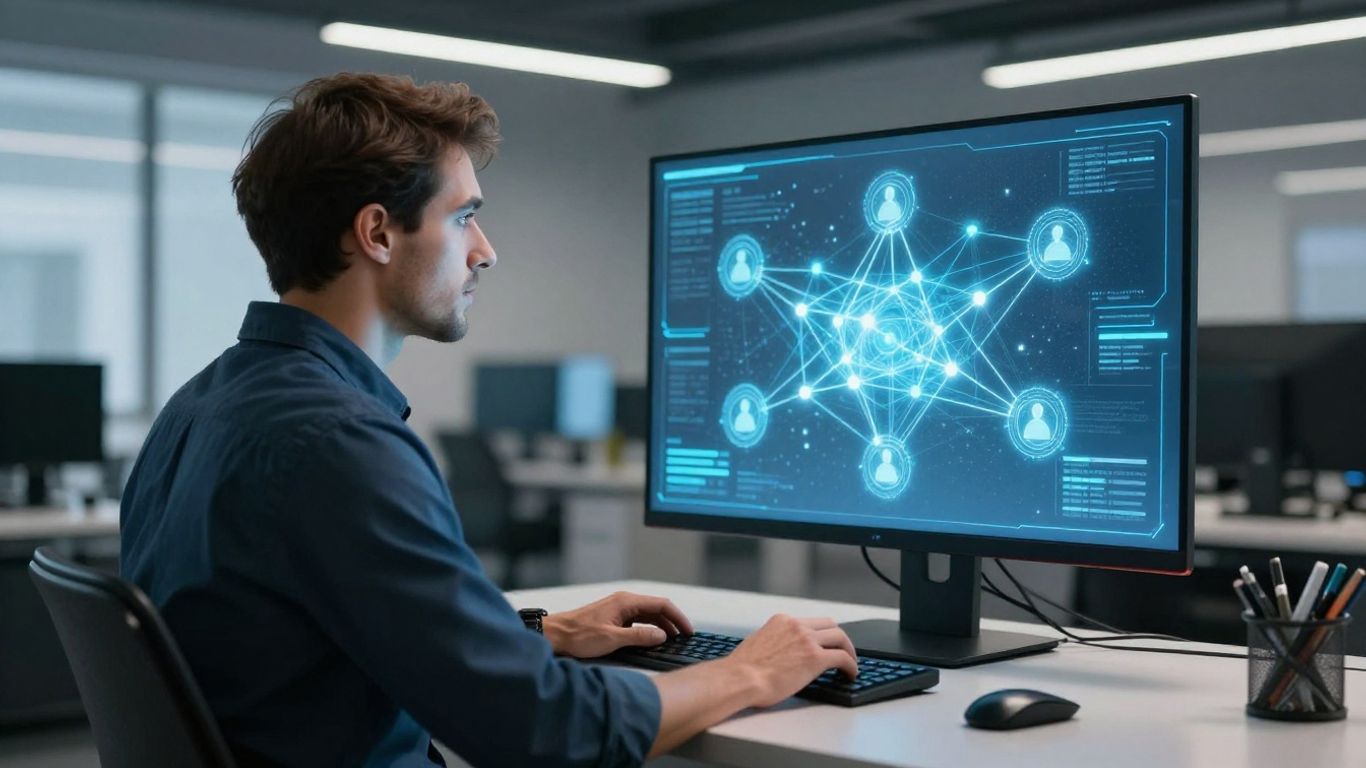 IT technician managing a holographic network interface.