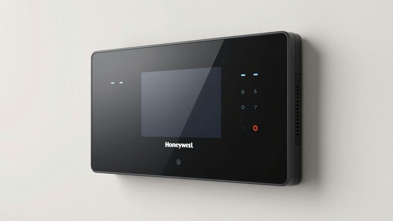 Honeywell commercial security system panel on a wall.
