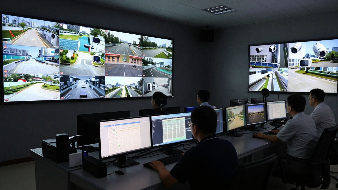 Surveillance control room with multiple video feeds.