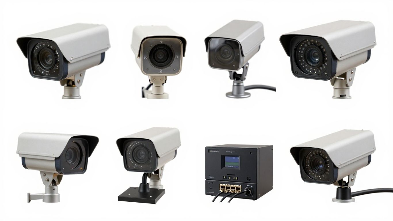 Video surveillance system components: cameras, DVR, and cables.