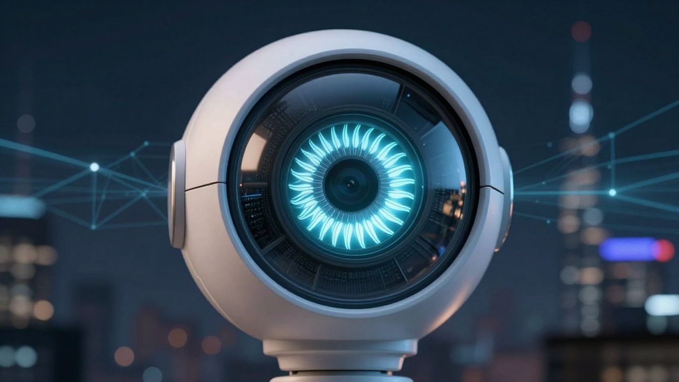 AI-powered security camera with eagle eye graphic.